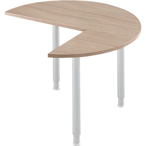 Semi-circular table with light wood top, white legs, and adjustable feet.