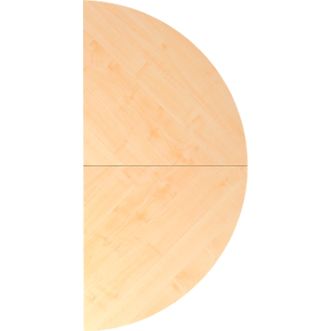 Light, wood-colored table top in the shape of a half circle. The wood grain is clearly visible.