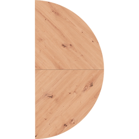 Section of a round wooden table top, light grain, diagonally divided.