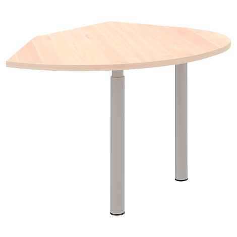 Triangular wooden desk with gray legs. The desk has a light wood surface and stands on two cylindrical legs.