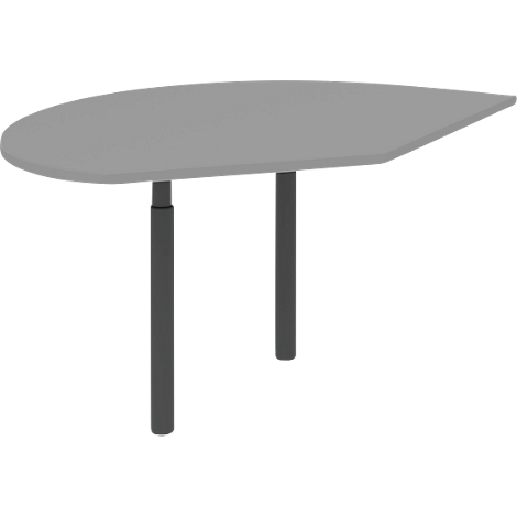 Gray, drop-shaped table with two black, cylindrical legs.