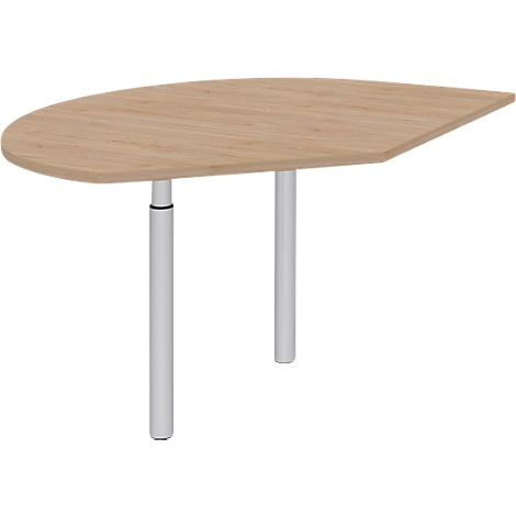 Light brown, semi-circular table with two white legs.