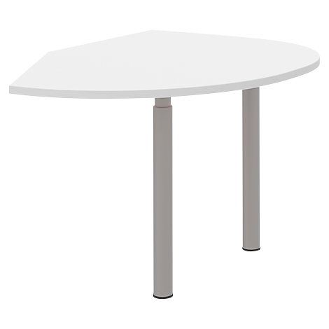 A white, semi-circular table on two grey, cylindrical legs.