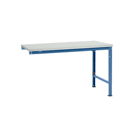 Workbench with gray worktop and blue metal legs. One side of the workbench is attached to the wall.