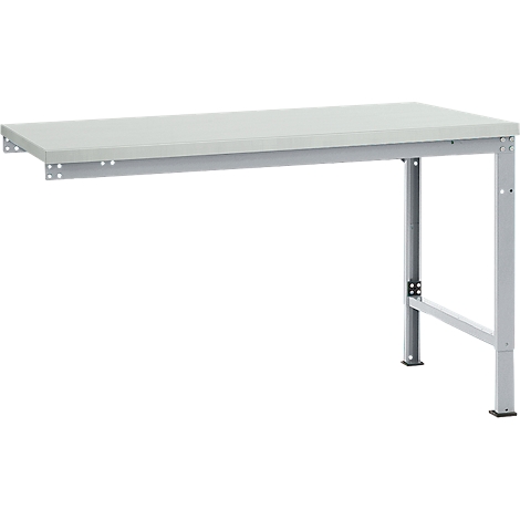 Grey workbench with tabletop, metal legs and wall mount.