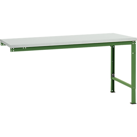 A green workbench with a gray tabletop, in front of a white background.