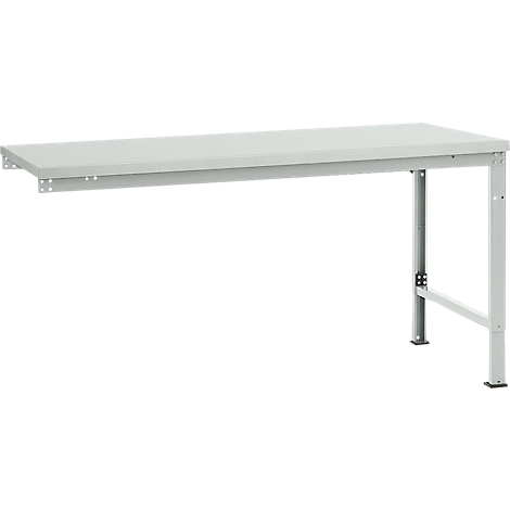 Gray rectangular table with metal legs. The tabletop protrudes to the left and is held up by a support.