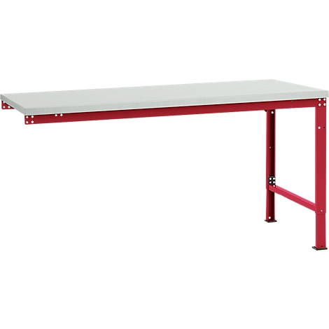Red and gray workbench with white tabletop. The table legs are red and form an angle.