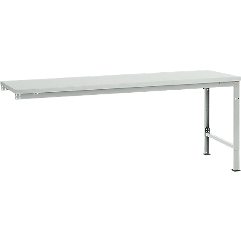 A gray workbench with metal legs, the tabletop is rectangular.