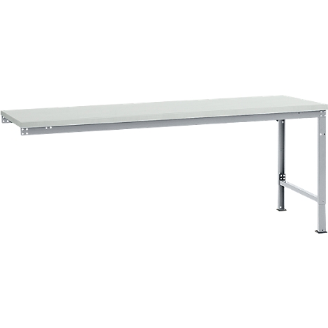 A white workbench with gray legs, the tabletop is held by a metal frame.