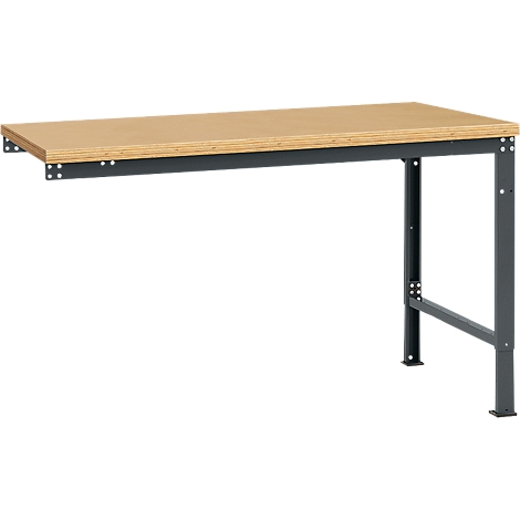 A light wooden workbench with a gray metal frame, against a white background.