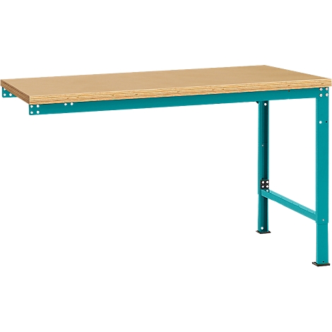 A workbench with a light brown wooden top and turquoise metal frame, mounted on the wall on one side.