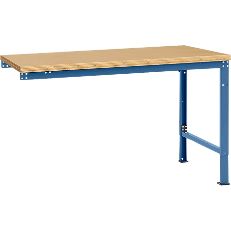 Wooden workbench with blue metal frame, against a white background.