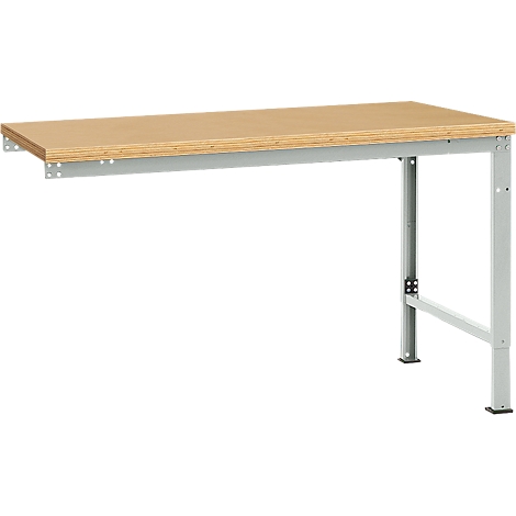 Workbench made of wood and metal. The tabletop is made of light wood, the frame of metal.