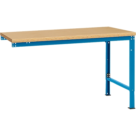 A blue workbench with a wooden top. It is set against a white background.