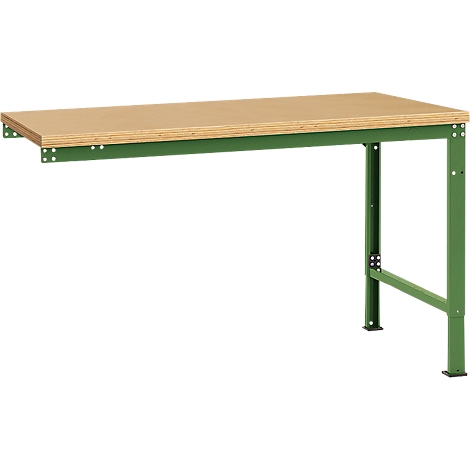 Workbench with light brown tabletop and green metal legs. The tabletop is rectangular and attached to the wall.