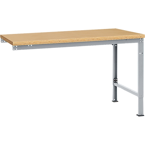 Workbench with wooden top and metal legs. The top is light brown, the legs are gray.