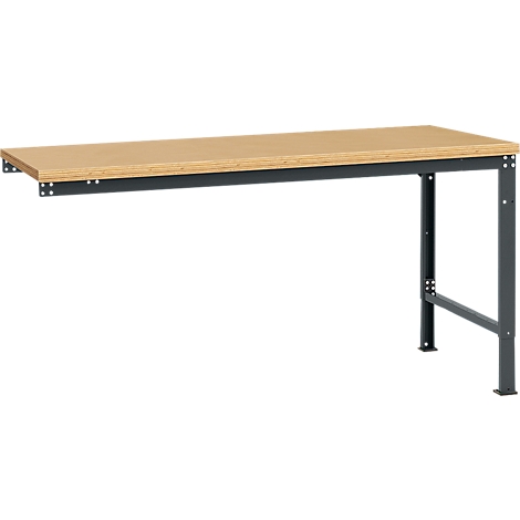 A workbench with a wooden top and metallic gray legs. The right side of the bench has a leg, the left side has none.