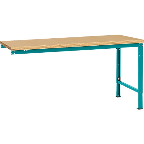 A workbench with a light brown wooden top and a turquoise metal frame, attached to the wall.