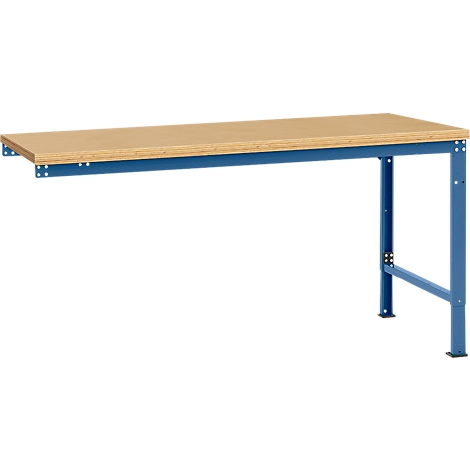 Blue workshop table frame with wooden top.