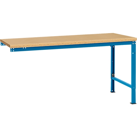 Wooden workbench with a blue metal frame. The tabletop is light brown, the frame has a rectangular shape.