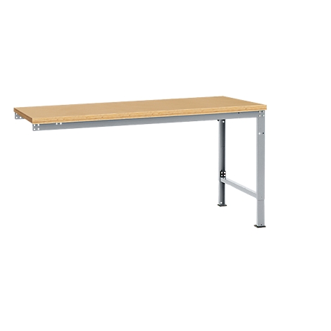 Workbench with light brown work surface and gray metal legs. It stands against a white background.