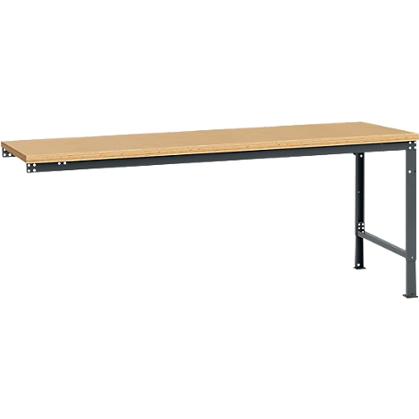 Workbench with wooden top and gray metal frame.