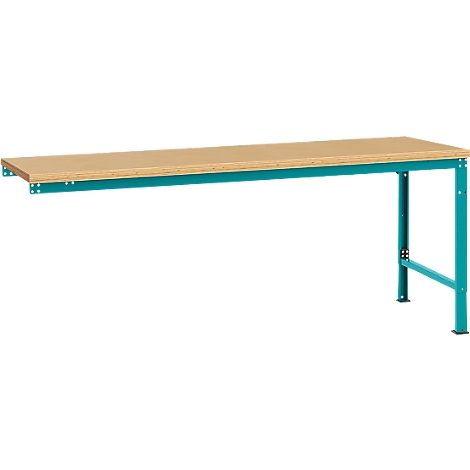 A workbench with a light brown tabletop and a turquoise frame.