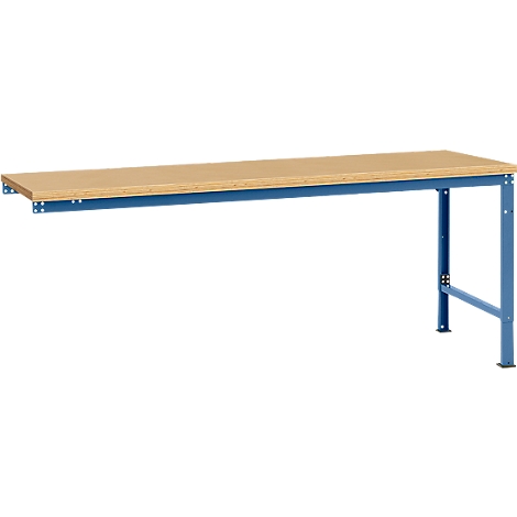 A workbench with a blue metal frame and a beige wooden top.