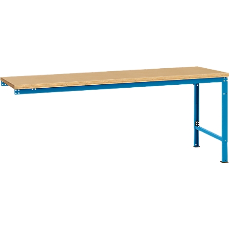 Workbench with light brown worktop and blue frame. One leg stands, one is wall mounted.
