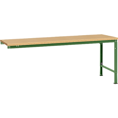Workbench with light brown worktop and green metal frame. The workbench is attached to the wall on one side.