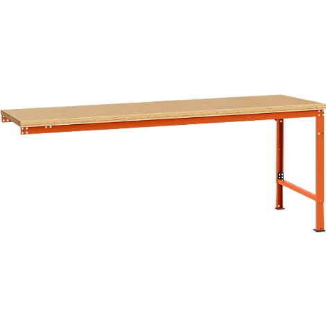 Workbench with a light brown worktop and orange frame. The workbench has an L-shaped design with one leg.