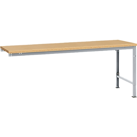 A table with a light wooden top and a gray metal frame. The right leg of the table stands on the floor, the left side is attached to the wall.