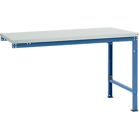 A blue workbench frame supports a light-colored tabletop. The workbench has one leg and a wall mount.