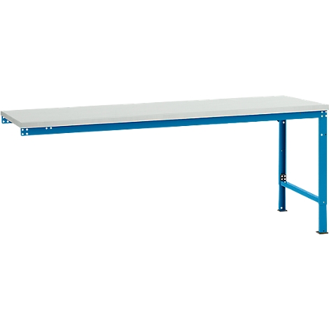 Workbench with light gray top and blue frame. For wall mounting on one side, with two feet on the other side.