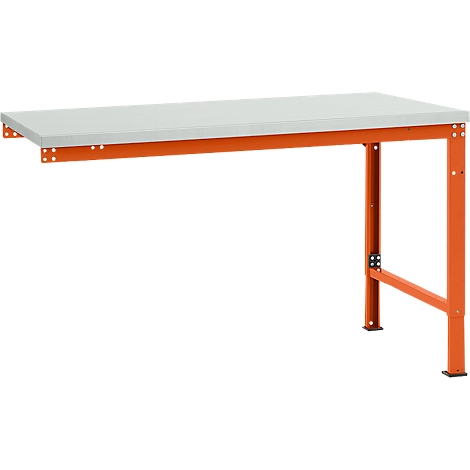 A workbench with a gray table top and orange frame, against a white background.