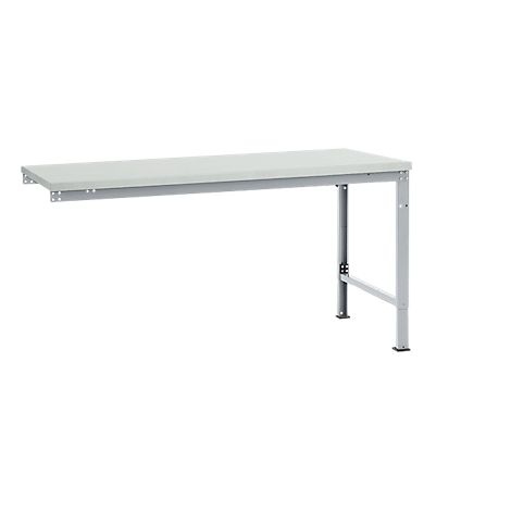 Gray workbench table, attached to the wall, with two metal legs.