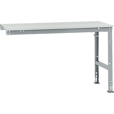 Workbench with white surface and gray metal frame.