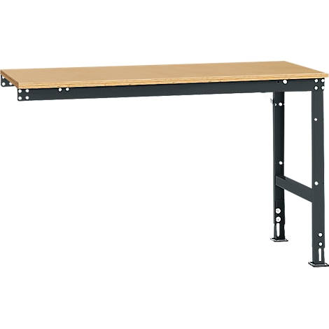 Wooden and metal workbench. The tabletop is light, the legs are dark gray. The construction is minimalist.