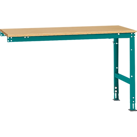 Workbench with wooden tabletop and turquoise metal frame.