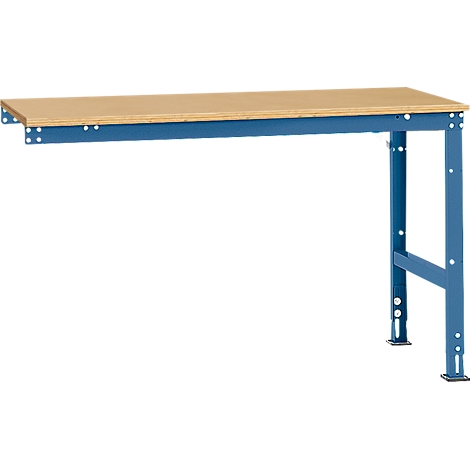 Blue workshop table with wooden top. Metal table legs. The table is seen at an angle from the right.