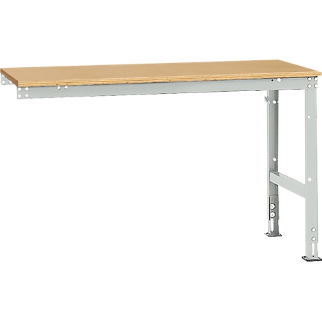 Workbench with wooden top and gray metal frame. The workbench stands against a white background.
