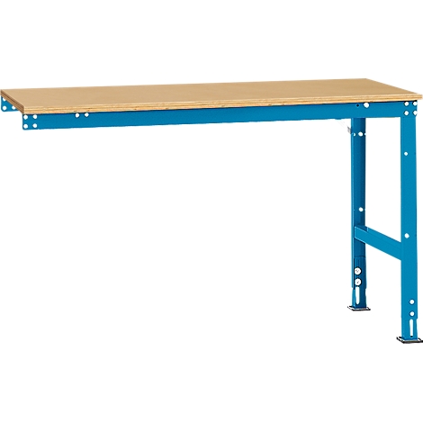 Wooden workbench with blue steel legs. The rectangular table has a light brown work surface.