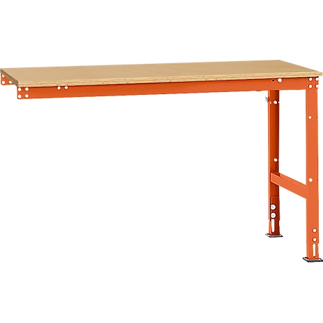 Workbench with orange frame, beige wooden top. Mounted on the wall.