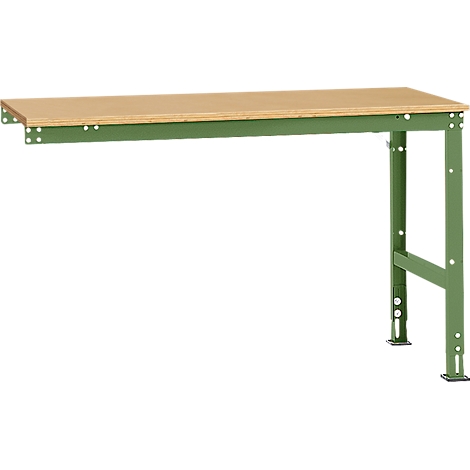 Green workshop table with wooden top, standing against a white background.