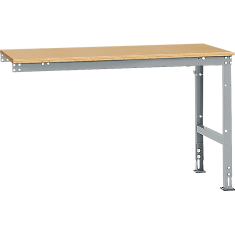 A workbench with a wooden top and gray metal frame, against a white background.