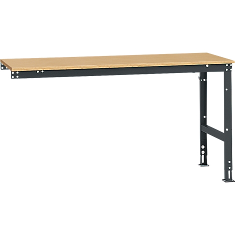 Workbench with wooden top and gray metal frame. One side is attached to the wall, the other stands on two legs.