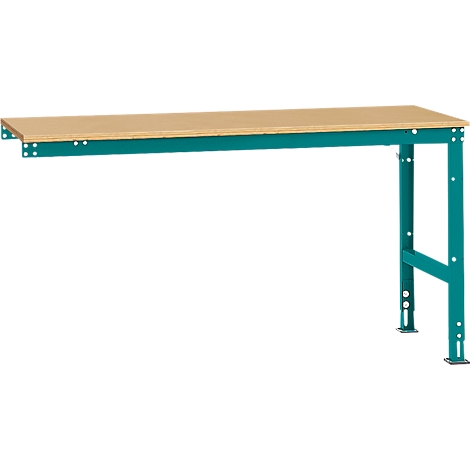 A workbench with wooden top and turquoise metal frame. The workbench is in front of a white background.