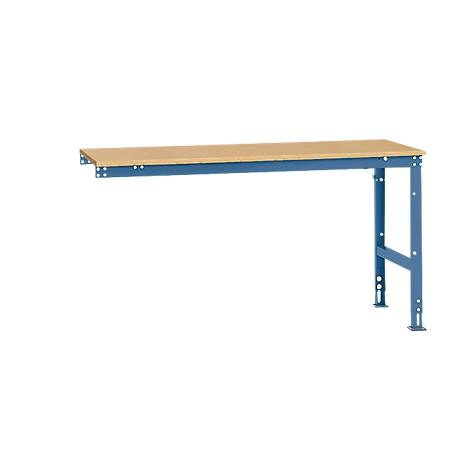 Workbench with wooden top and blue metal frame. The workbench stands against a white background.