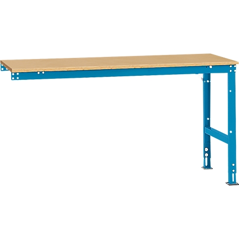 Workbench with blue legs and wooden top. The legs are height adjustable.